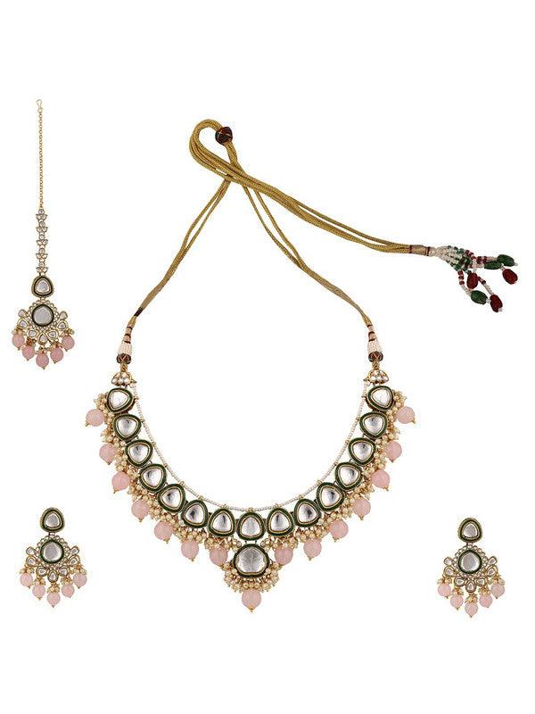 Pink Gold Tone Kundan Meenakari Mang Tika Earring Necklace Set For Girls Women - Libasaa