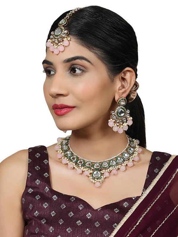 Pink Gold Tone Kundan Meenakari Mang Tika Earring Necklace Set For Girls Women - Libasaa