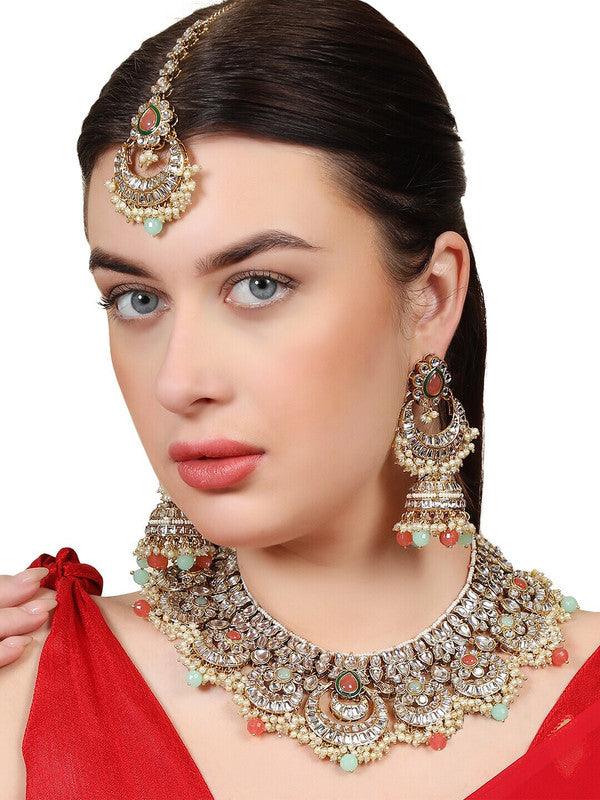 Traditional Indian Design Kundan-Studded & Beaded Multicolor Mang Tika Earring Jewellery Set - Libasaa