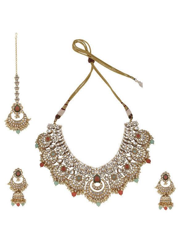 Traditional Indian Design Kundan-Studded & Beaded Multicolor Mang Tika Earring Jewellery Set - Libasaa