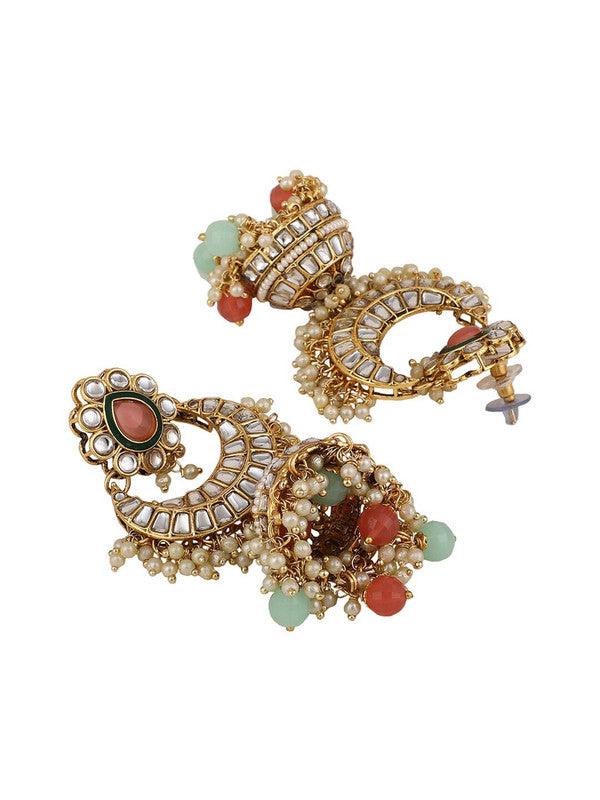 Traditional Indian Design Kundan-Studded & Beaded Multicolor Mang Tika Earring Jewellery Set - Libasaa