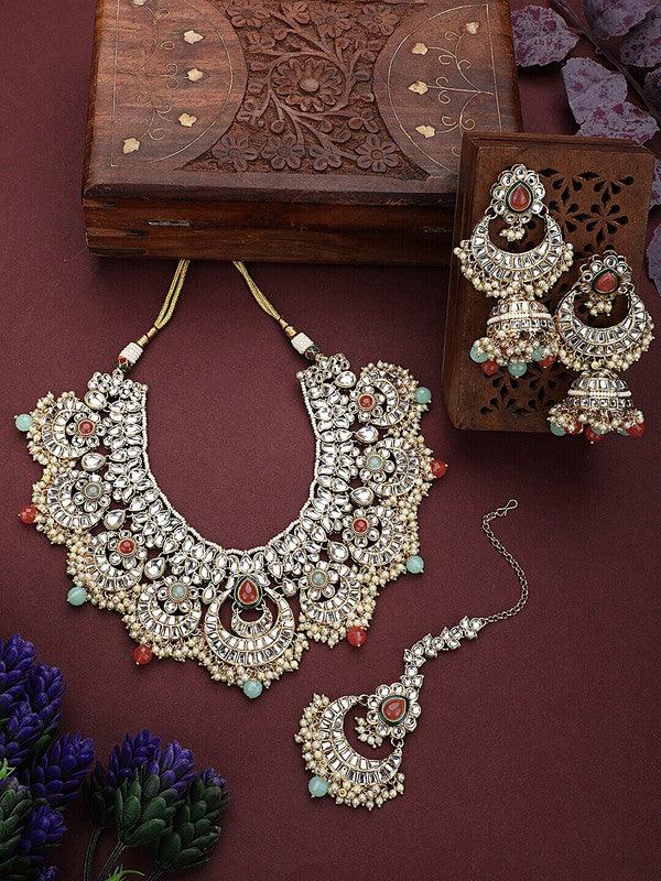 Traditional Indian Design Kundan-Studded & Beaded Multicolor Mang Tika Earring Jewellery Set - Libasaa