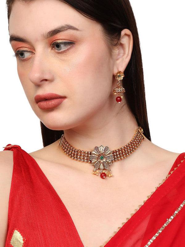 Gold-Plated Red Stone-Studded Beaded Jewellery Set - Libasaa