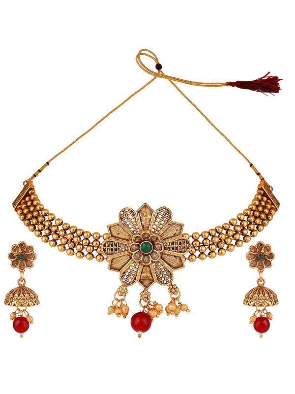 Gold-Plated Red Stone-Studded Beaded Jewellery Set - Libasaa