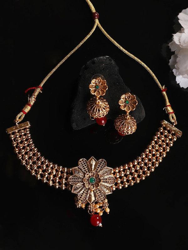 Gold-Plated Red Stone-Studded Beaded Jewellery Set - Libasaa