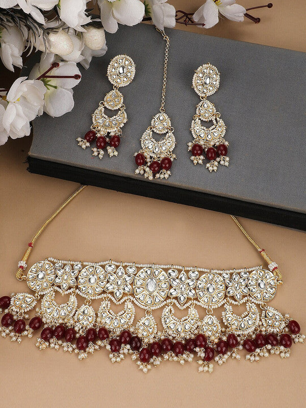 Beautiful Moon Shape Gold-Plated Kundan-Studded Brown Pearl Beaded Jewellery Set - Libasaa