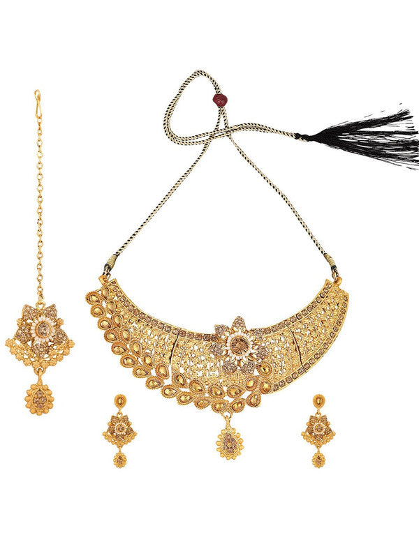 Designer Traditional Gold Wedding Wear Jewellery Set With Maang Tikka - Libasaa