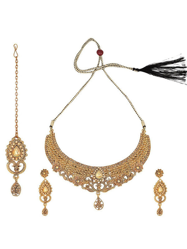 Designer Lct Kundan Bridal Necklace Earring Maang Tikka Matt Gold Finished Wedding Collection for Girl/Women - Libasaa
