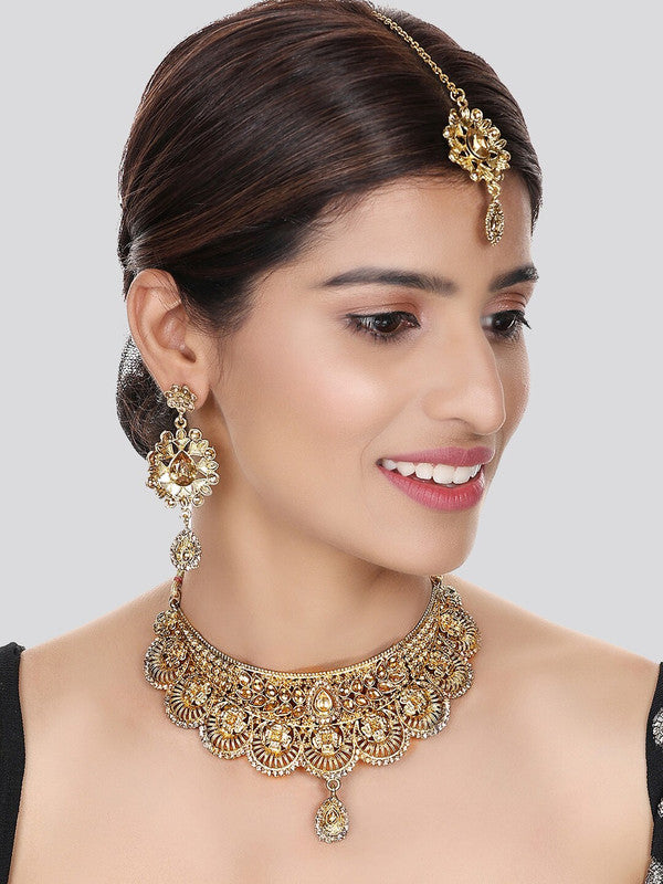 Traditional Lct Stone Gold Plated Choker Necklace Set For Women Gold Plated Necklace With Earring And Maangtika - Libasaa