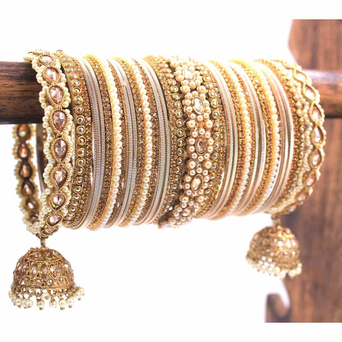 Rich Texture Pearl Indian Bangles Bracelet Set with Jhumki Borders, Indian wedding bangle set, Wedding Jewelry