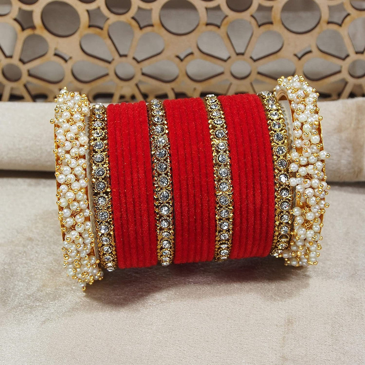 Traditional Velvet Chuda Indian Bangle Set With Pearl Kada For Women & Girls Indian Bollywood Jewelry for Wedding / Festivals / Ceremonial