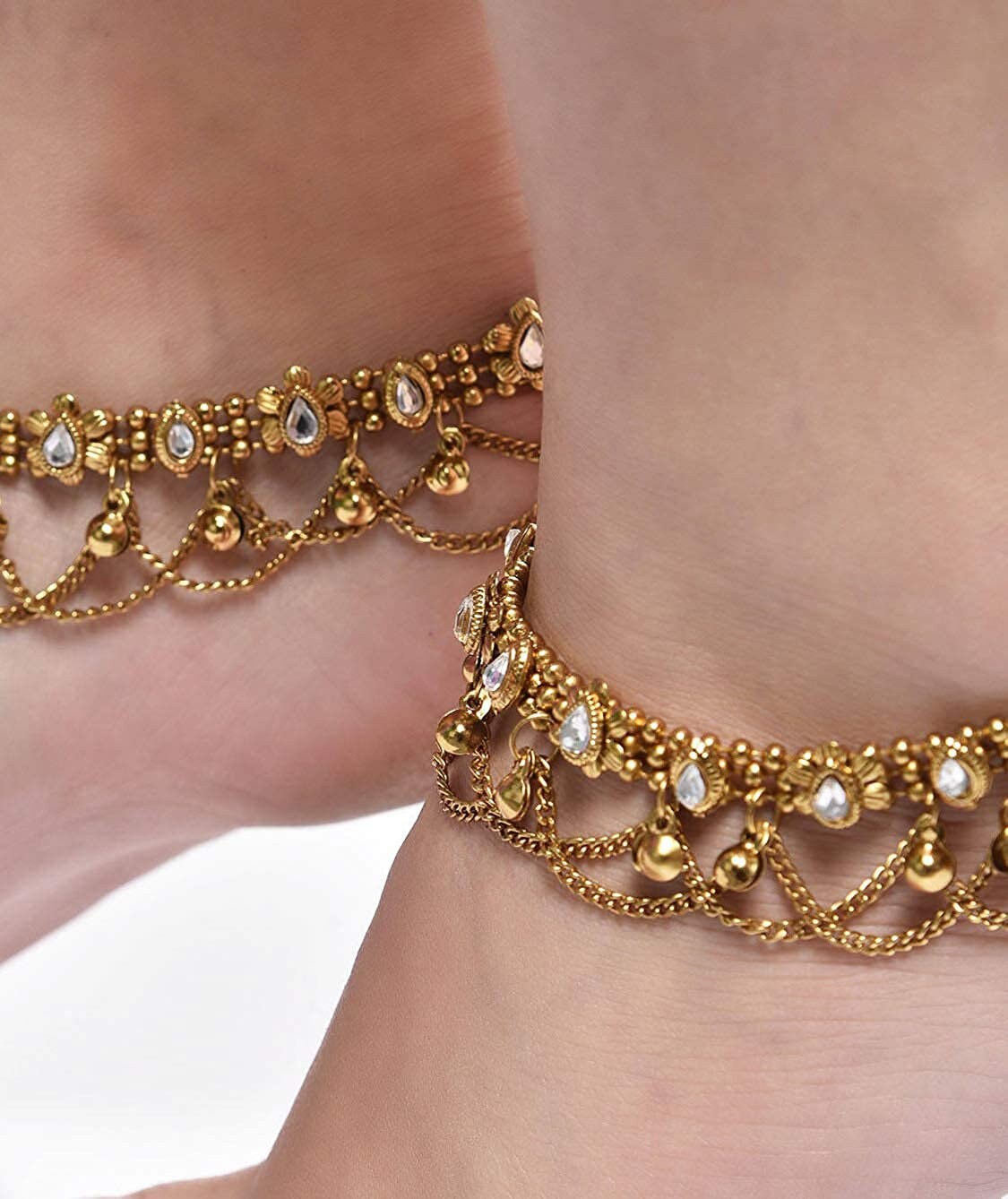 Gold Antique Kundan Payal Anklet, Indian anklets, Gold ankle bracelet pair, Gold anklets pair, Bell anklets for women