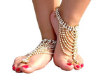Antique Traditional Kundan Pearls Stone Gold Plated Payal Pajeb Payjeb Painjan Ghungroo Anklet Bracelet Pattilu for Women & Girls