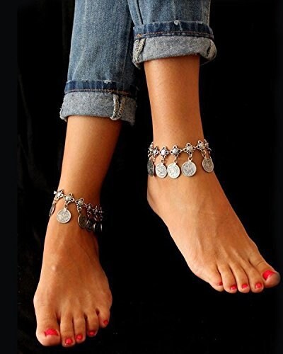 Latest Trend 2 Psc Antique Gypsy Coins Oxidized Silver Plated Stylish Anklet, Indian Silver Oxidized anklet for Women and Girls