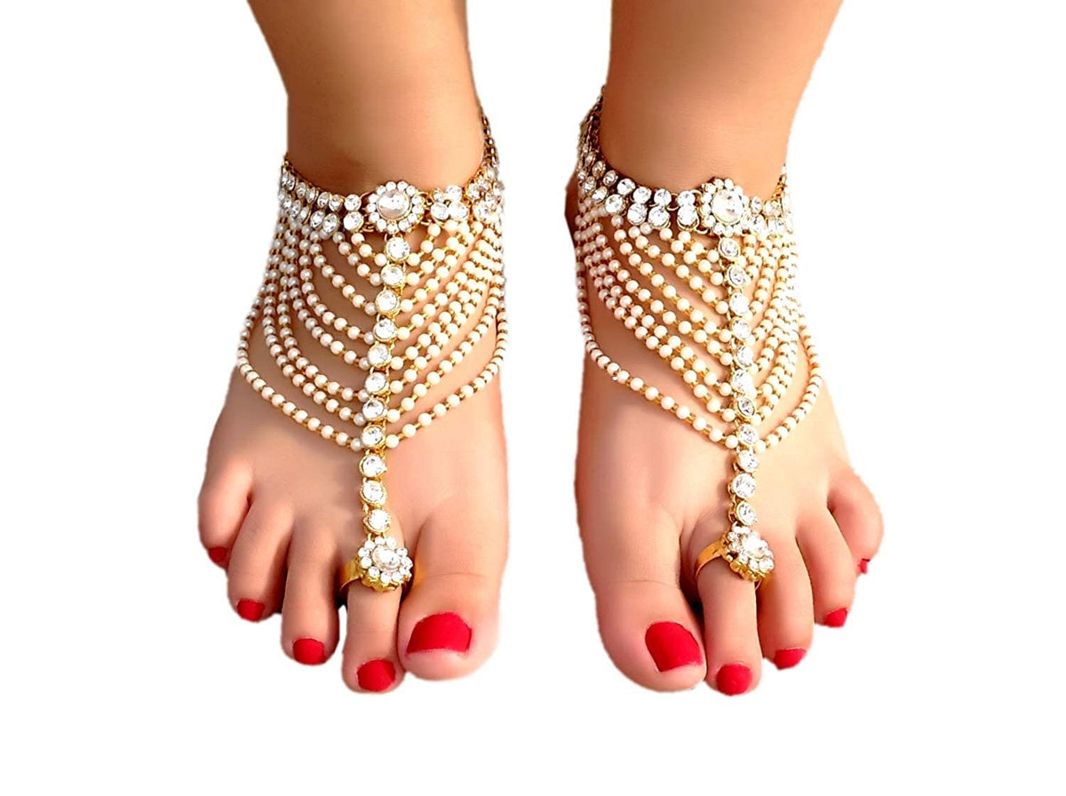 Antique Traditional Kundan Pearls Stone Gold Plated Payal Pajeb Payjeb Painjan Ghungroo Anklet Bracelet Pattilu for Women & Girls