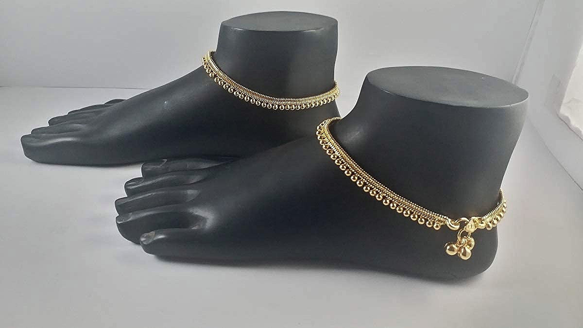 Thin Size Gold Plated & Brass Stylish Kolusu Ghungroo Golden Anklets, Handcrafted Anklets, Indian anklet, Gold ankle bracelet pair for women