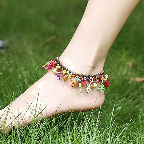 Bohemian Starfish Charms Beaded Bracelet Cum Anklet pair, Christmas gift for wife, Indian anklet, Anklets for women, tribal anklet