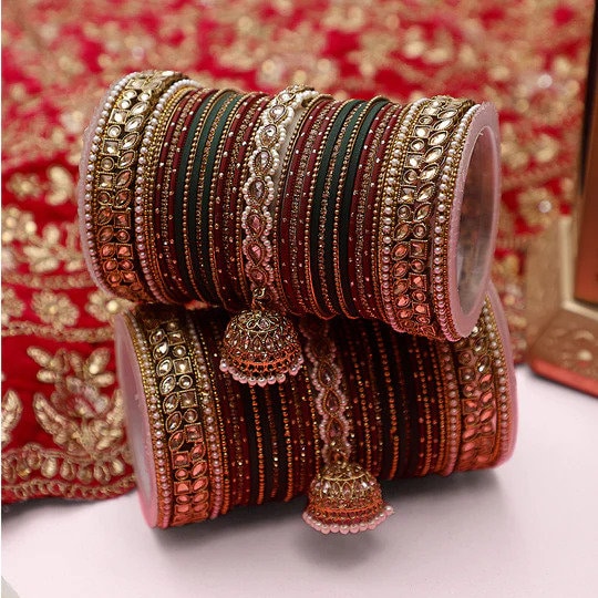 Indian Wedding Bangles With Stone Work Wedding Bangles Indian Jewelry with Jhumki Border