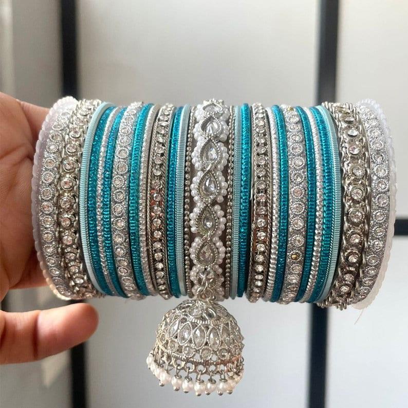 Blue & Silver Ethnic Alloy Bangles Set, Bridal | Wedding Bangles| Colorful | Beautiful | Fashion Bangles | Special Occasions | Eid - Libasaa