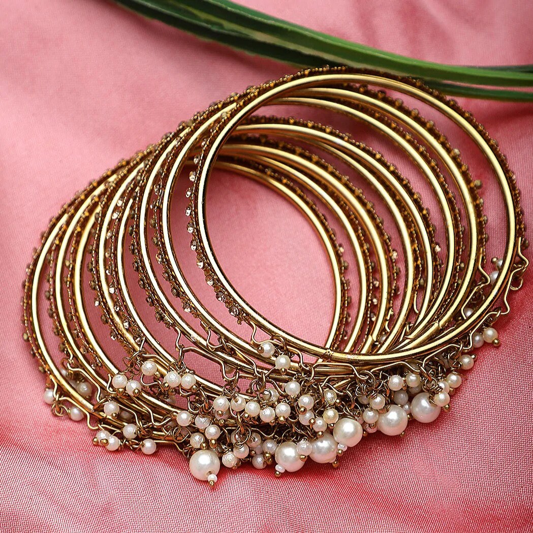 8 Bangles - Designer Pearl Bangles -Indian Bangles -Bridesmaid Gift- Gold Plated Pearl Bangles, Indian Wedding Bangles - Bridesmaid Jewelry