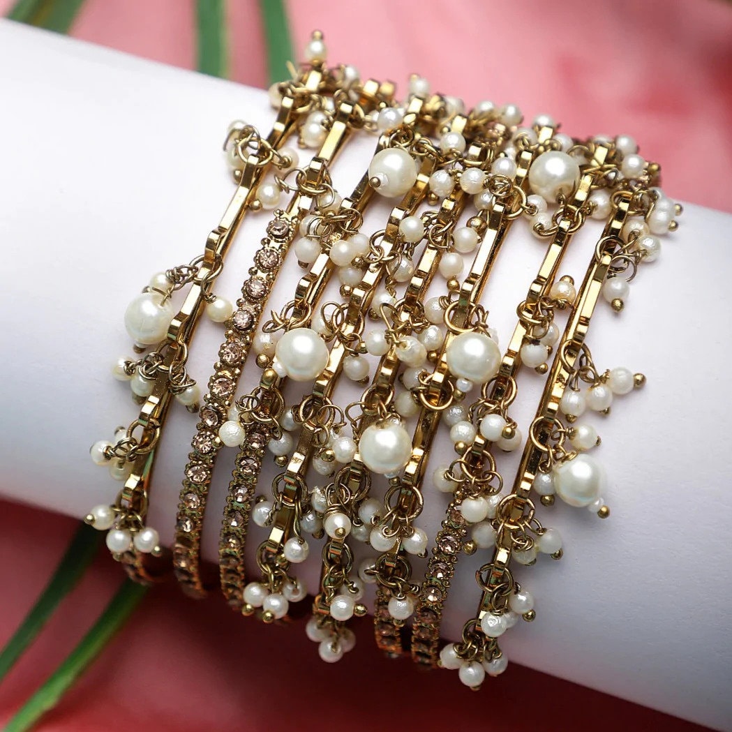 8 Bangles - Designer Pearl Bangles -Indian Bangles -Bridesmaid Gift- Gold Plated Pearl Bangles, Indian Wedding Bangles - Bridesmaid Jewelry