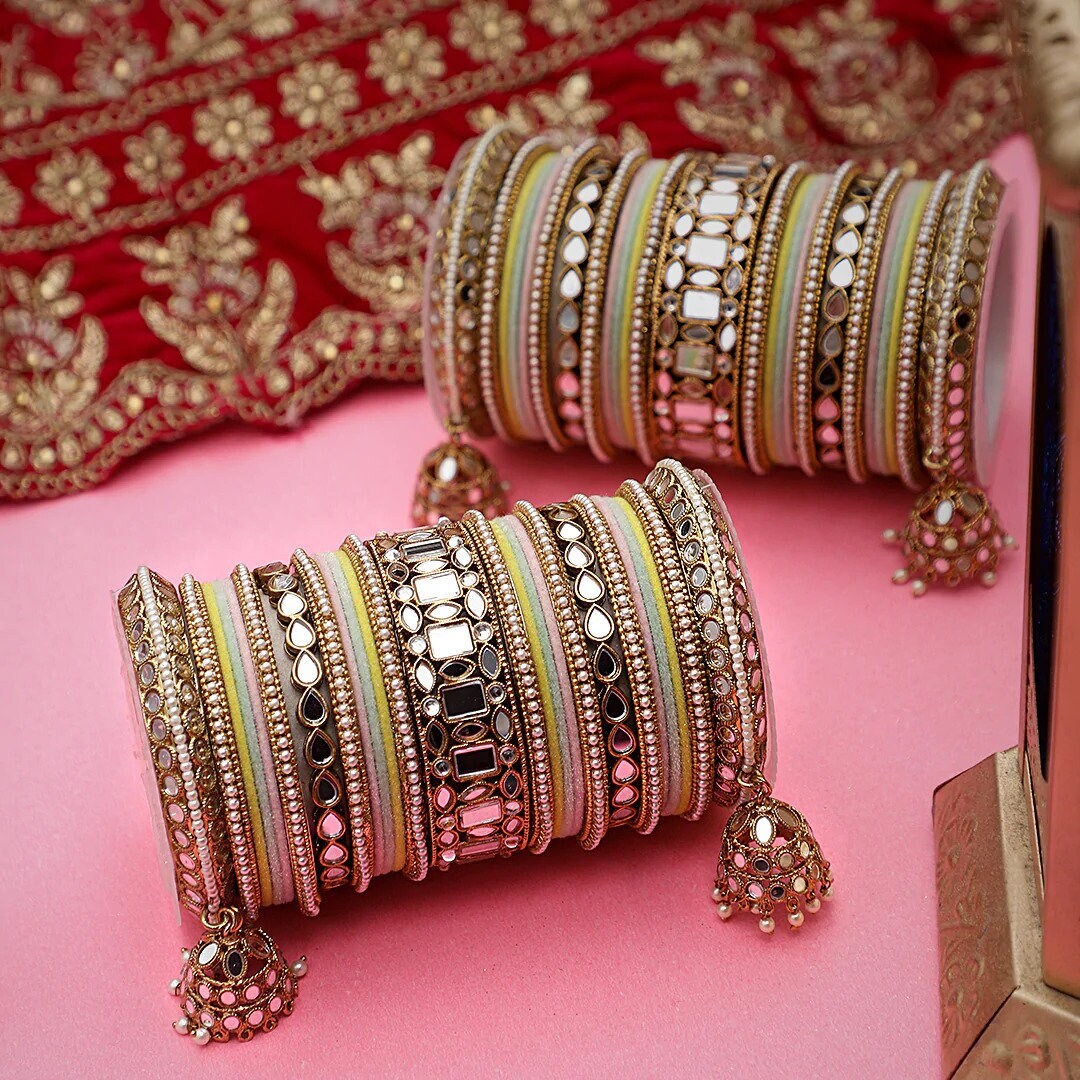 Traditional Mirror Velvet Bangles Set with Jhumki, Wedding Bangles, Traditional wedding jewelry, Brass Metal Mirror Bridal Bangles Set