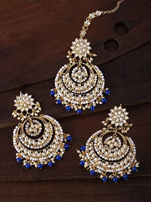 Alia Bhatt Inspired Kundan & Pearl Maang Tikka Earring Set, Indian Pakistani Wedding Bridal Jewelry Jewelry pearl Earrings Kundan earrings