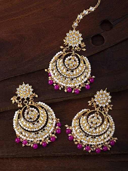 Alia Bhatt Inspired Kundan & Pearl Maang Tikka Earring Set, Indian Pakistani Wedding Bridal Jewelry Jewelry pearl Earrings Kundan earrings