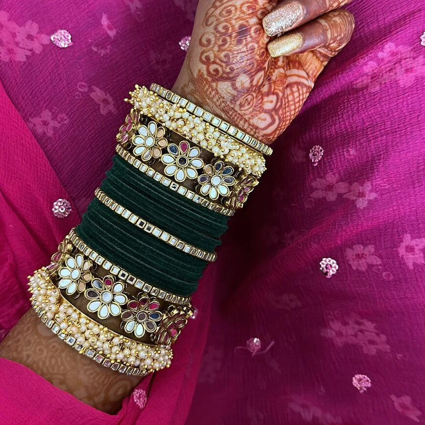 Flower Mirror Bangle Set, Indian bangle set , Velvet bangles, Traditional Wedding Bangles, Brass Metal and Stone Bridal Bangle Set