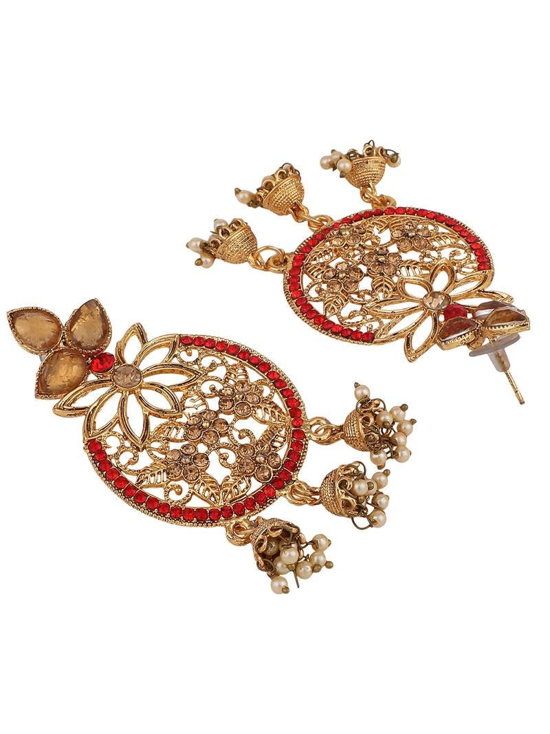 Chandbali, Red Golden Cubic Zirconia 3 Jhumki Chandbali Earring, indian jewellery, zircon, bollywood style, wedding jewellery, Kundan