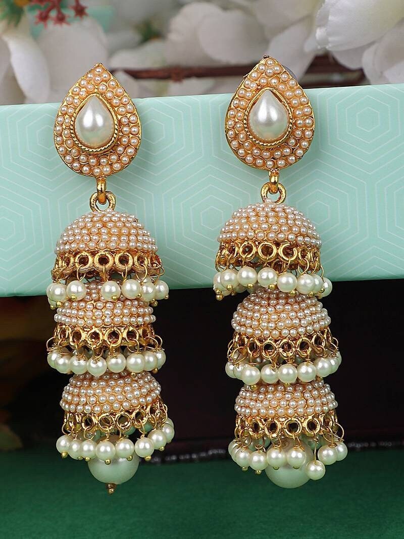 Gold Plated White Pearl 3 Floor Brass Jhumka Earrings, Pearl Jhumki Earrings, Jhumkas with pearls, Chandbali Jhumkas