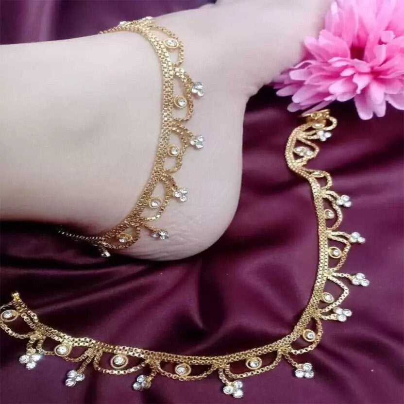 Traditional Gold Plated Thin String Anklet Handcrafted Payal/Anklets, Anklets for women, Indian anklet, Gold ankle bracelet pair for women