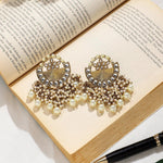 Jhumka earrings pearl Mirror work Chandbali Earring, Statement earrings, chic Bridal earrings, Pearl drop earrings, Mirror Jhumka