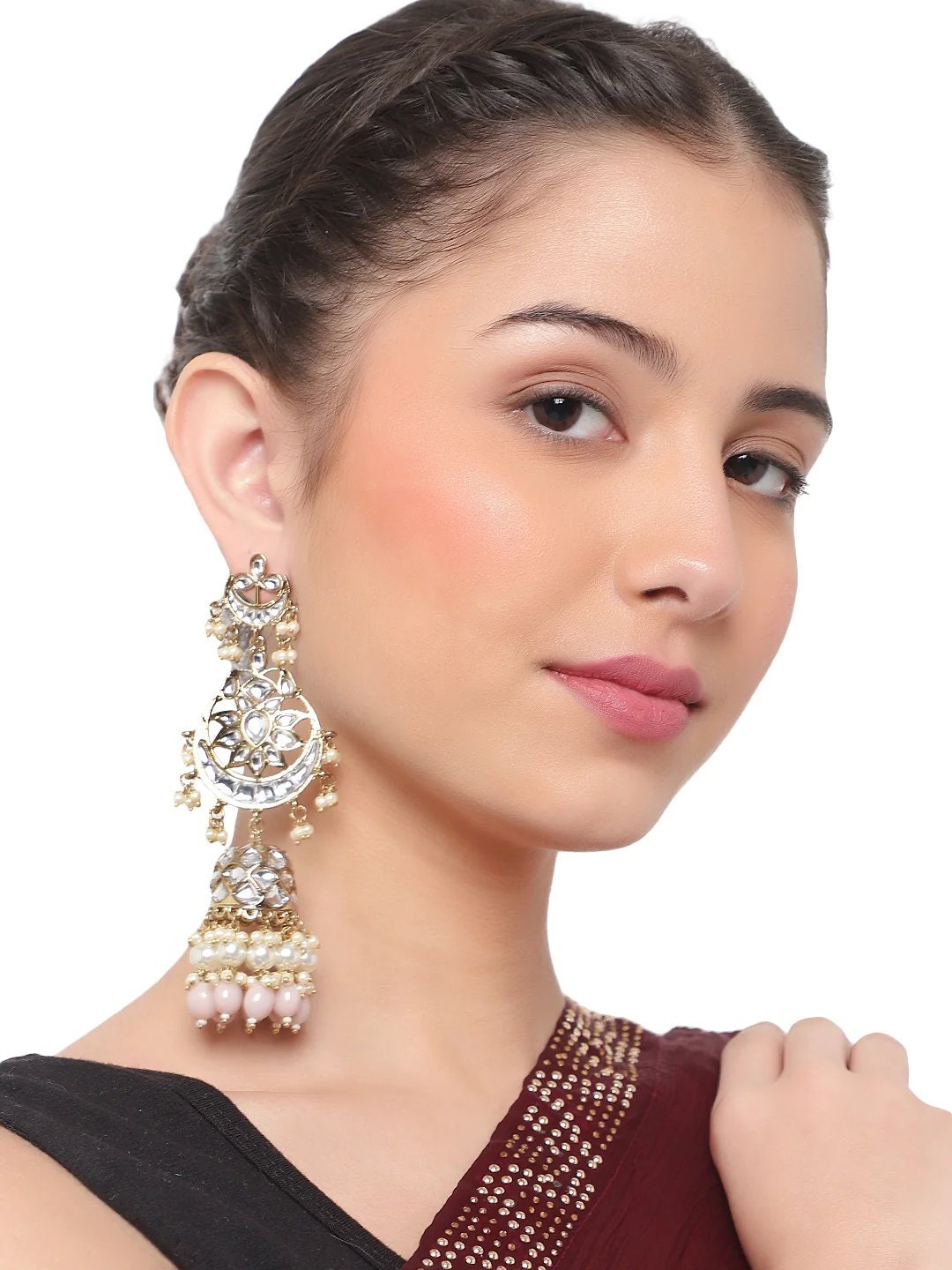 Monalisa stone kundan and pearl Jhumkas, Kundan Stone earrings with pearl drops, Chandbali Jhumkas Jewelry, Indian Jumkas, bridal jewelry