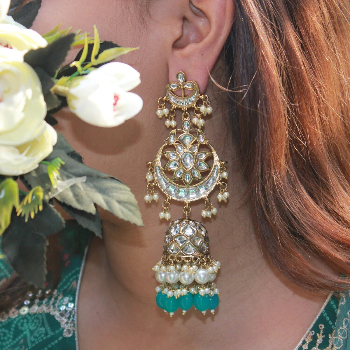 Monalisa stone kundan and pearl Jhumkas, Kundan Stone earrings with pearl drops, Chandbali Jhumkas Jewelry, Indian Jumkas, bridal jewelry