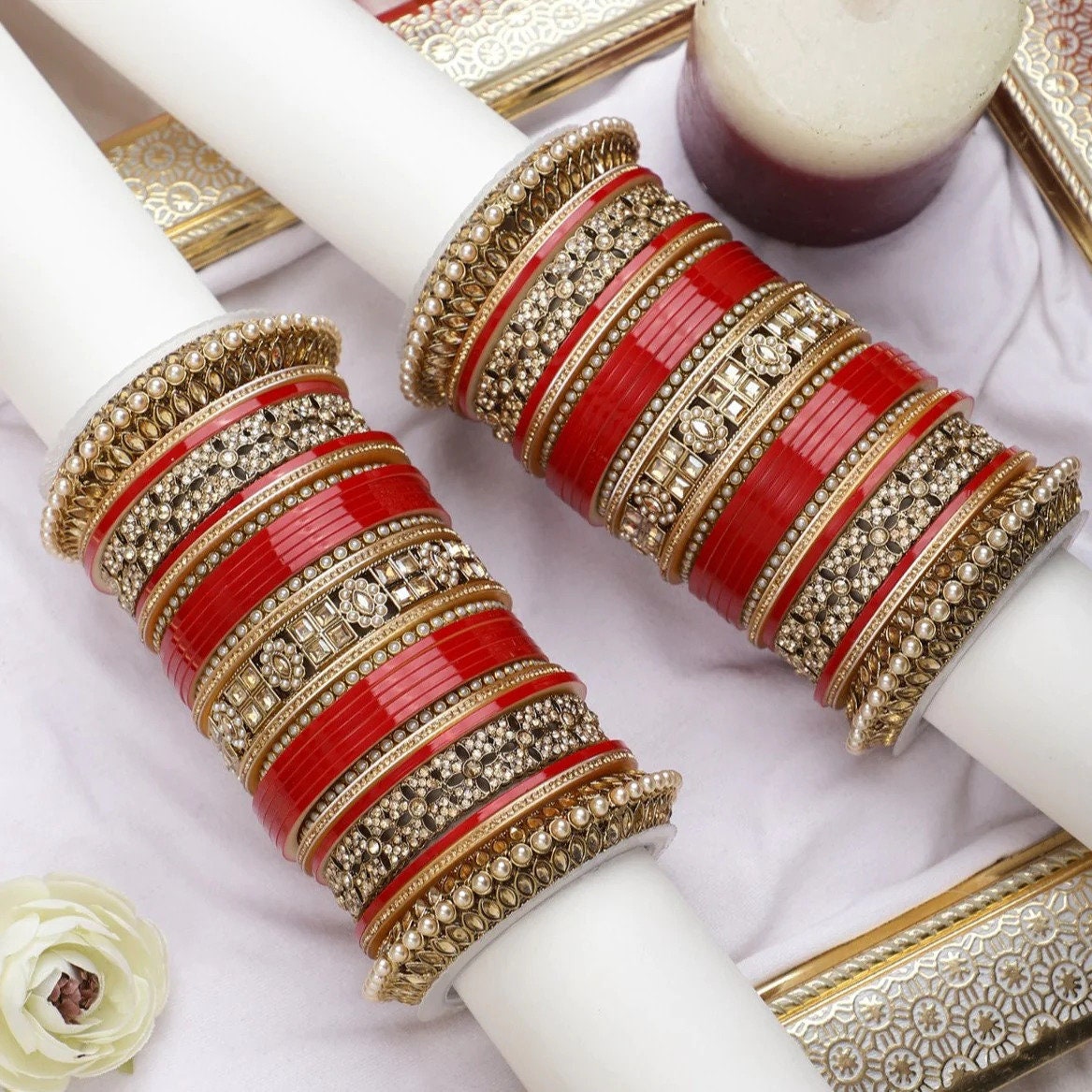 Bridal Punjabi Choora Wedding Wear Red Stone Pacheli Kada for Wedding, Punjabi Choora Indian Wedding Jewelry Chuda Set, Suhag Chuda
