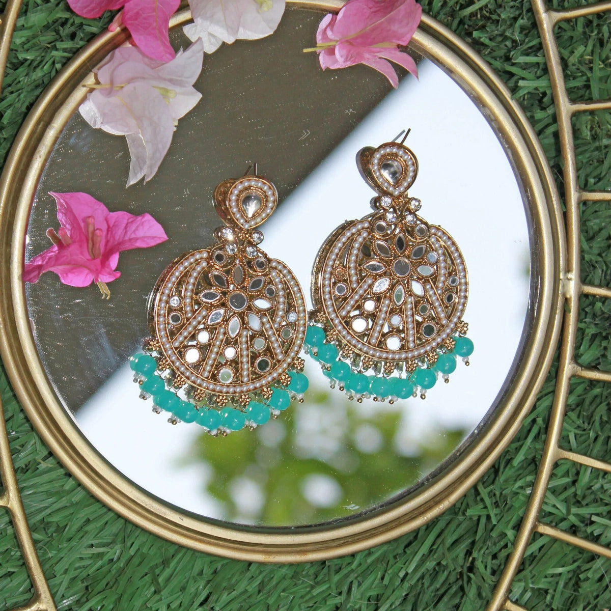 Handmade Meenakari Kundan Mirror Jhumka Earrings, Firozi Kite shape earrings, Indian jewelry Pakistani, Punjabi jewellery, Bridal jewelry