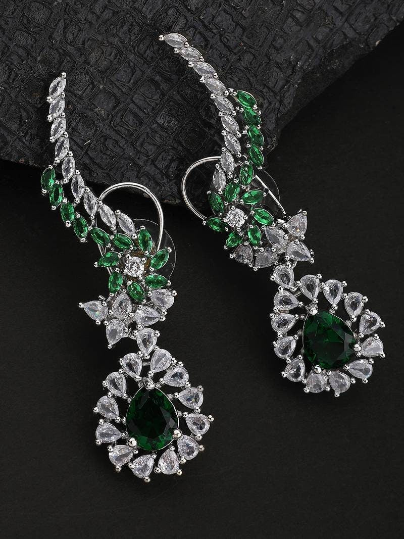 Emerald Green American Diamond CZ Earrings, Statement Earrings, CZ Earrings, Indian jewelry, Sabyasachi Earrings, Indian Bollywood