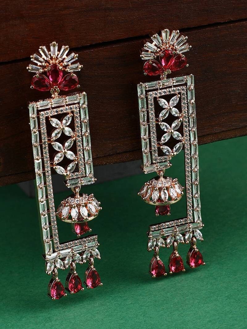 Geometric Shaped Floral American Diamond Earring, Silver Earrings, CZ Earrings, Cubic Zirconia, Indian Earrings, Indian Jewelry, Swarovski