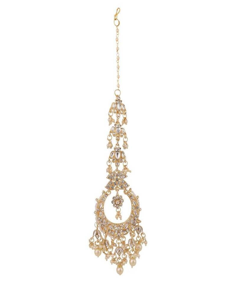 Embellished Kundan stones & pearl chandbalis dangler earrings | Gold plated bollywood indian jewelry | Chandbali earring with earchain