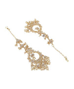 Embellished Kundan stones & pearl chandbalis dangler earrings | Gold plated bollywood indian jewelry | Chandbali earring with earchain