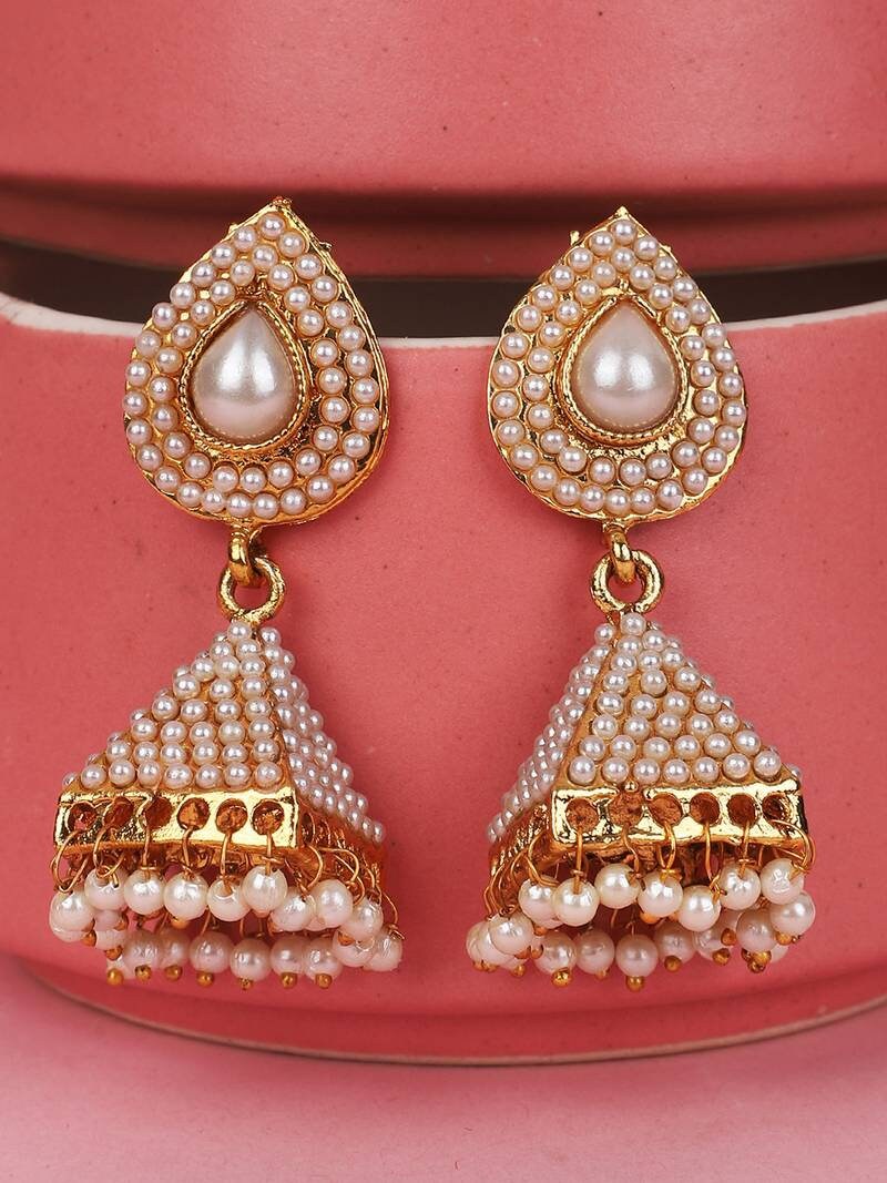 Jhumka earrings pearl Off White color Indian Pakistani ethnic jewelry jewellery danglers
