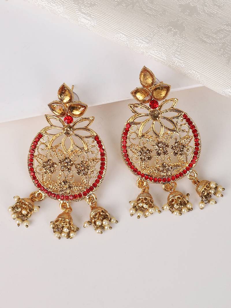 Chandbali, Red Golden Cubic Zirconia 3 Jhumki Chandbali Earring, indian jewellery, zircon, bollywood style, wedding jewellery, Kundan