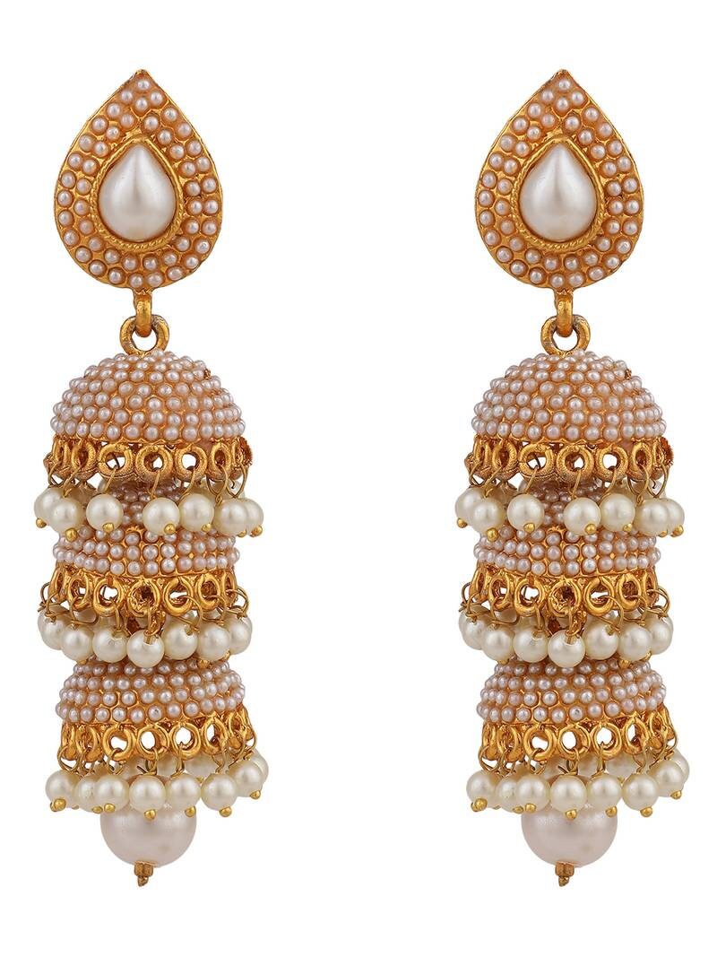 Gold Plated White Pearl 3 Floor Brass Jhumka Earrings, Pearl Jhumki Earrings, Jhumkas with pearls, Chandbali Jhumkas