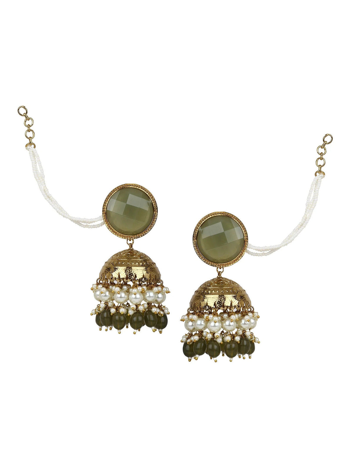 Kundan Jhumki earrings hanging beads earring, Maharani Kundan Meenakari Jhumki with moti hanging and hair chain
