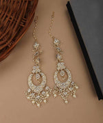 Embellished Kundan stones & pearl chandbalis dangler earrings | Gold plated bollywood indian jewelry | Chandbali earring with earchain