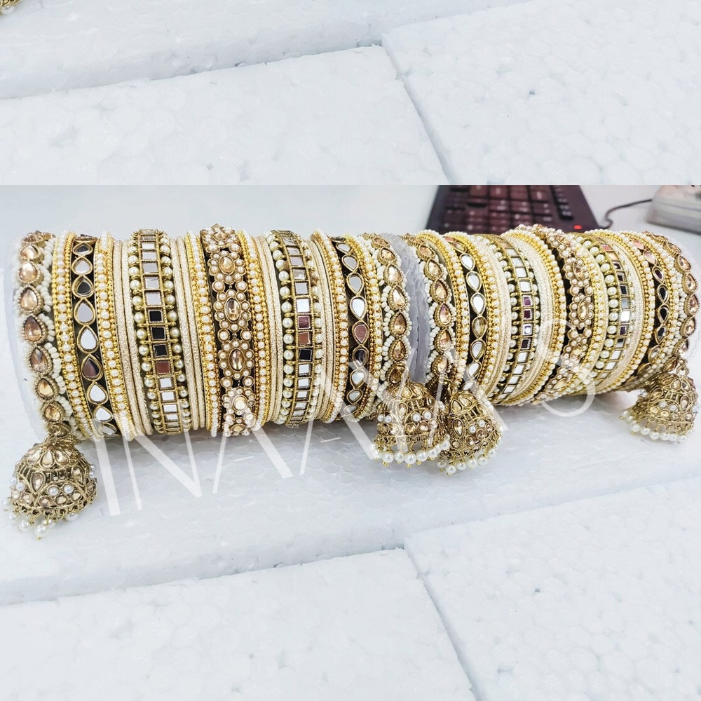 Rich Texture Pearl Stones & Mirror Indian Bangles Bracelet Set with Jhumki Borders, Indian wedding bangle set
