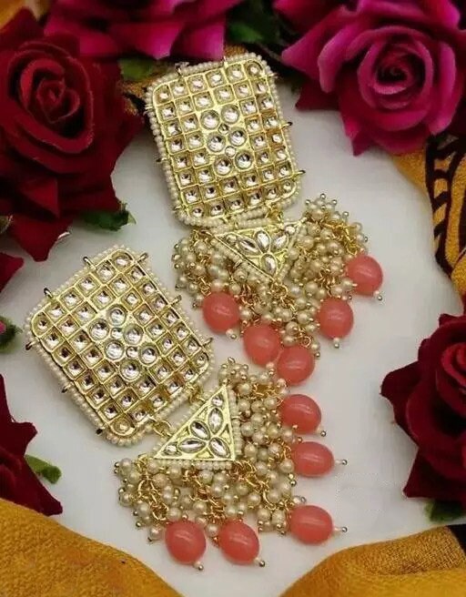 Kundan pearl earring set, gold plated fashion earring, kundan earrings, pearl cluster earrings, bridal earrings, kundan studs