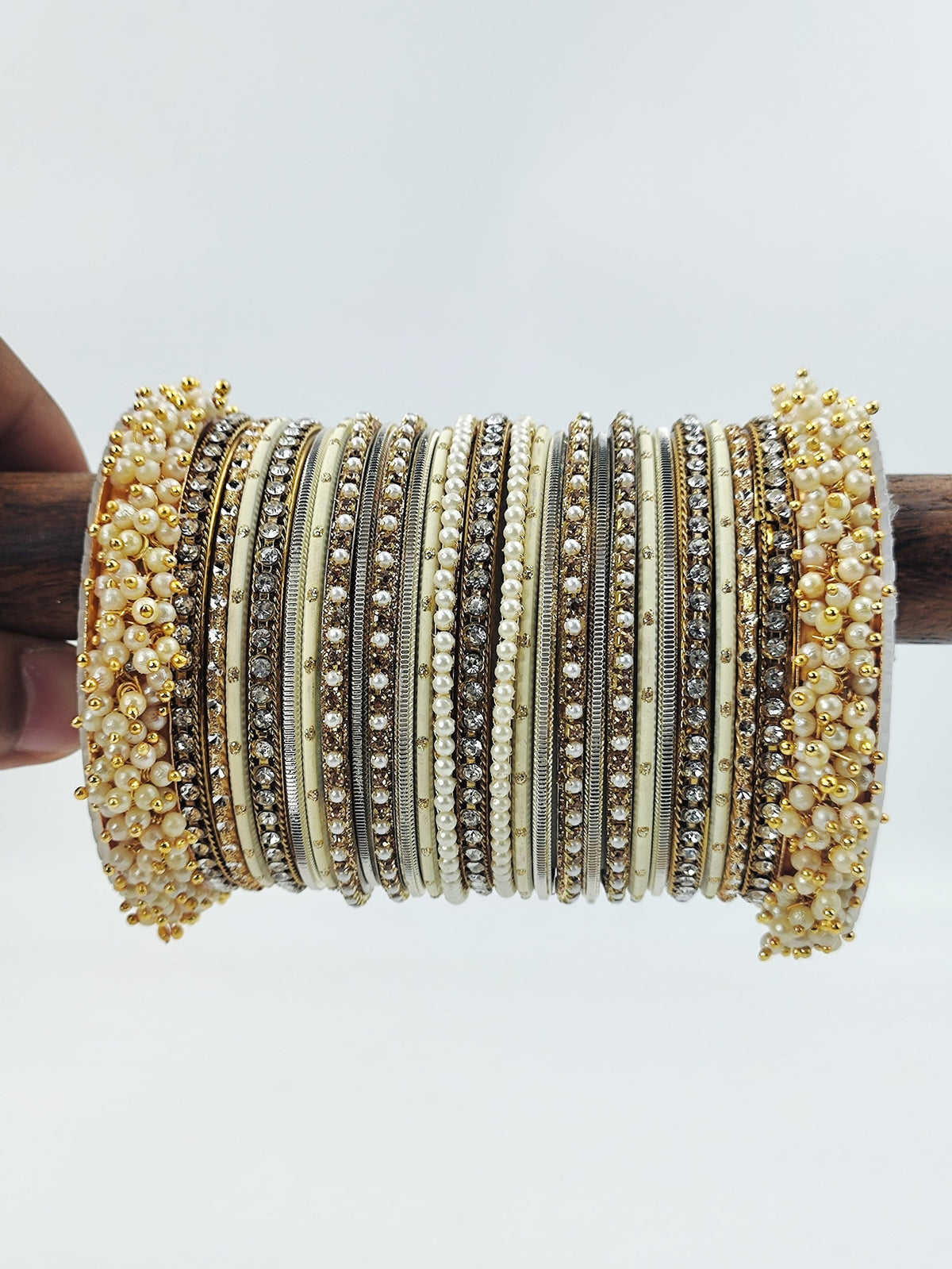 Cream bangles, wedding bangles for bride , Indian wedding bangles set with stones and pearl work, Indian traditional bangles set