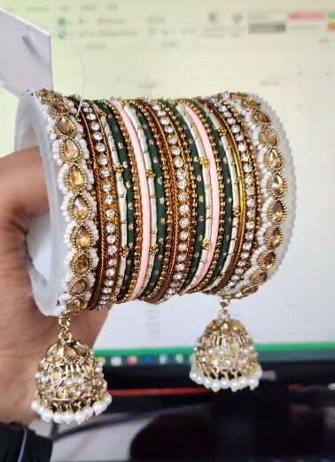 Green & Peach Bridal Bangle Set with Kundan Jhumki, Indian wedding Tassel Bangles Set Woman Jewelry Bangle Set, Wedding Bangles, Jewelry